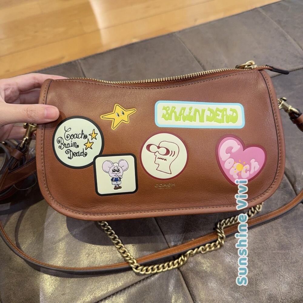 NWT Coach x Brain Dead Leather Waverly Bag with Patches CEV15 Brass/Amber Brown